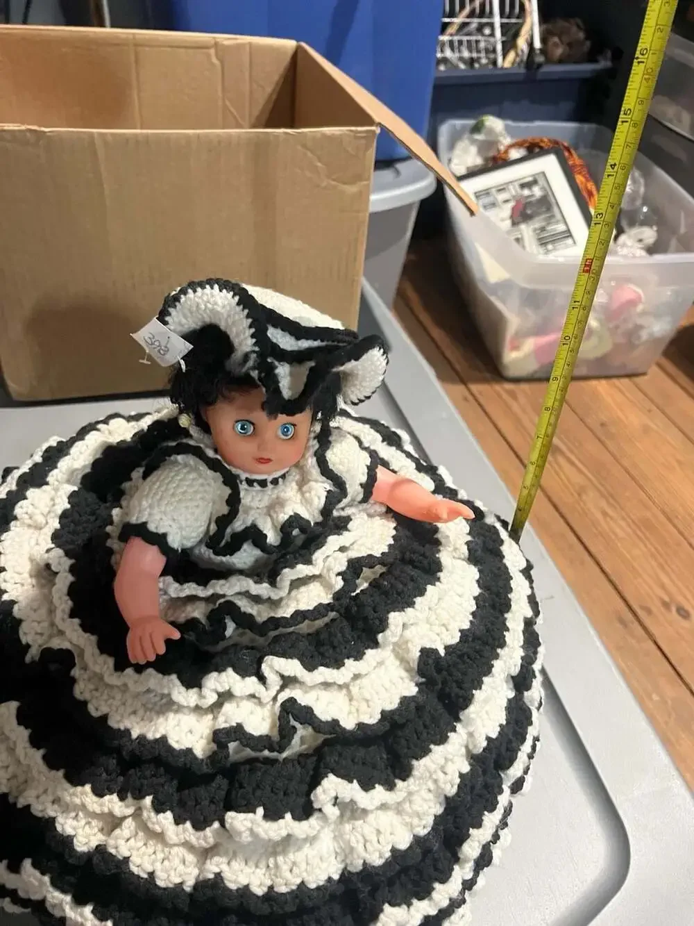 Vintage Hand-Crochet Doll Toilet Paper Holder Black and White